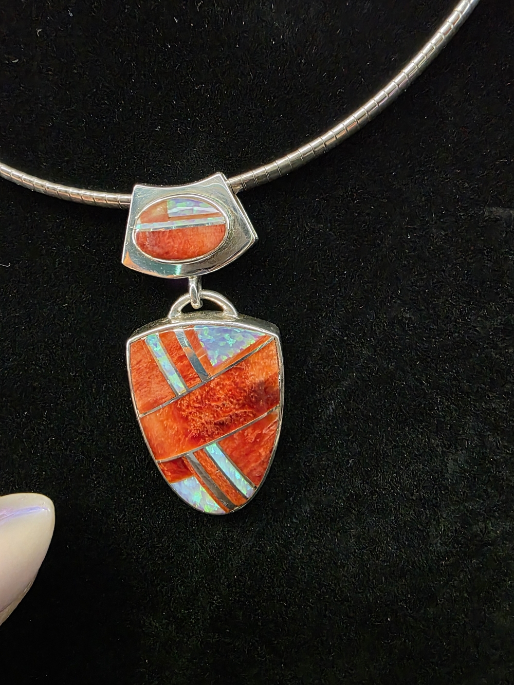 Navajo James Lee Sterling Silver Spiny Oyster Opal Inlay Pendant Necklace Set